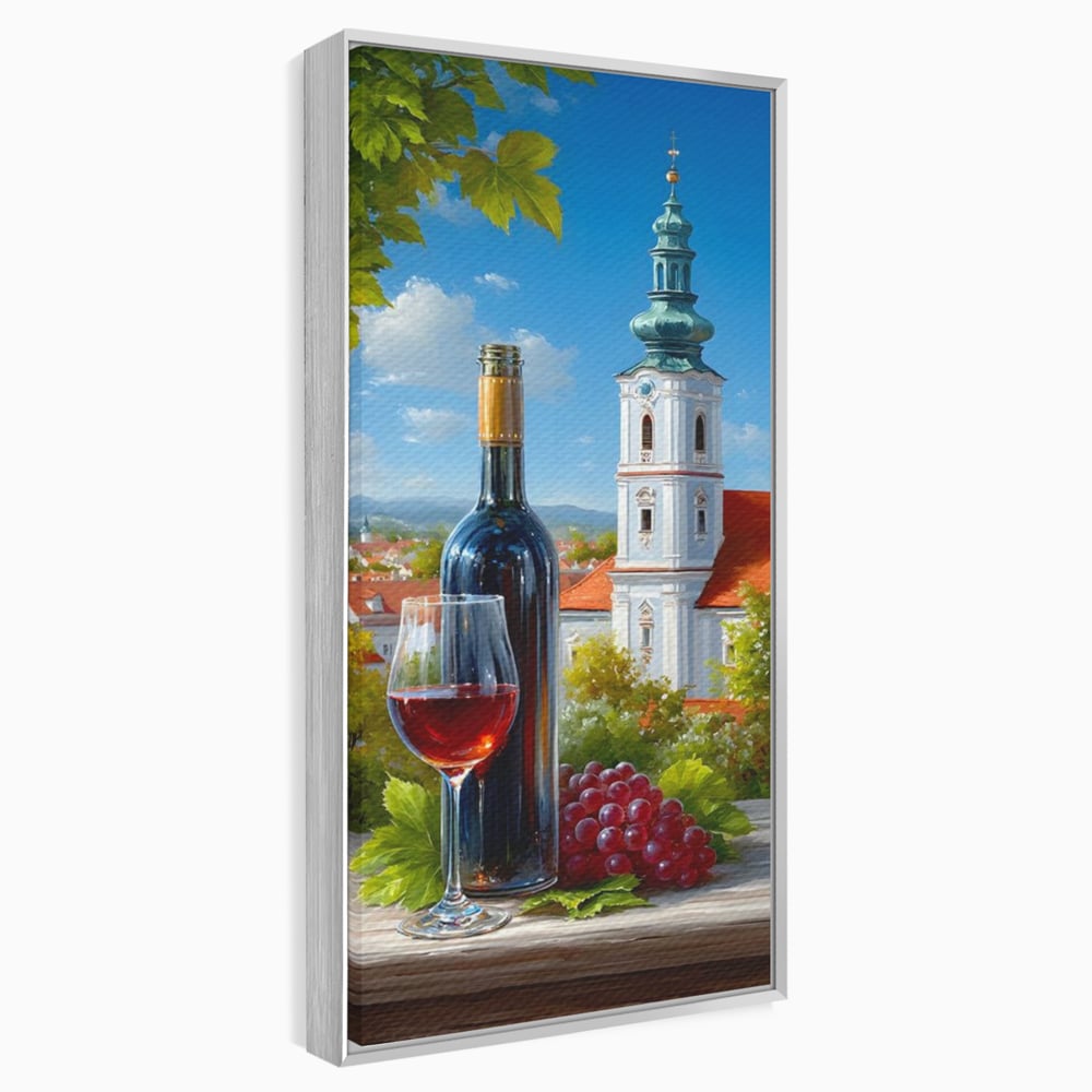 Tablou canvas cu pictura cu sticla de vin si manastire, in rama de aluminiu argintiu